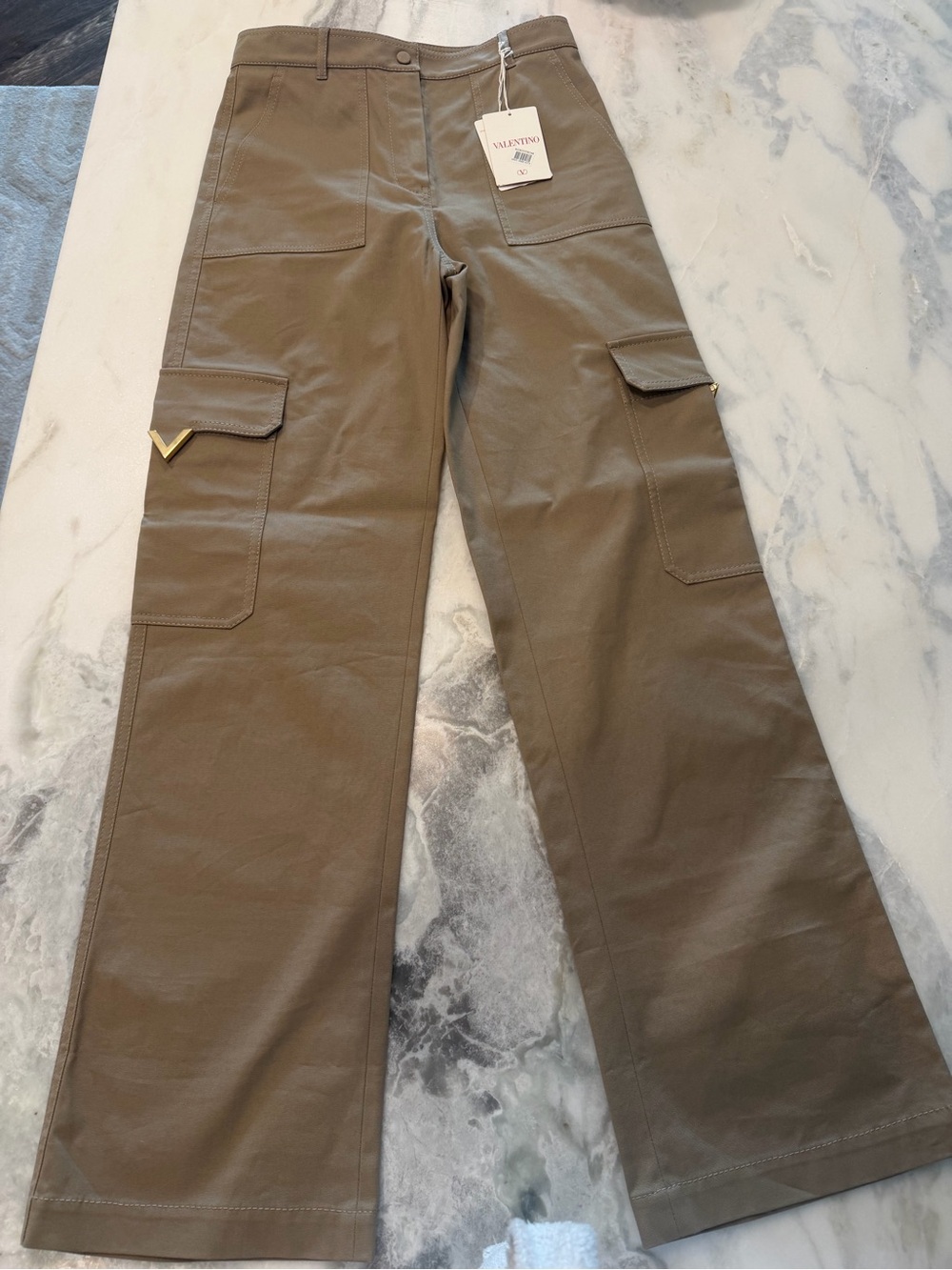 Valentino Olive Cargo Straight-Leg Pants with Gold V Accent